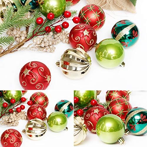 ROSELEAF 30ct Shatterproof Christmas Tree Ornaments Set - Red Green Gold Plastic Hanging Balls