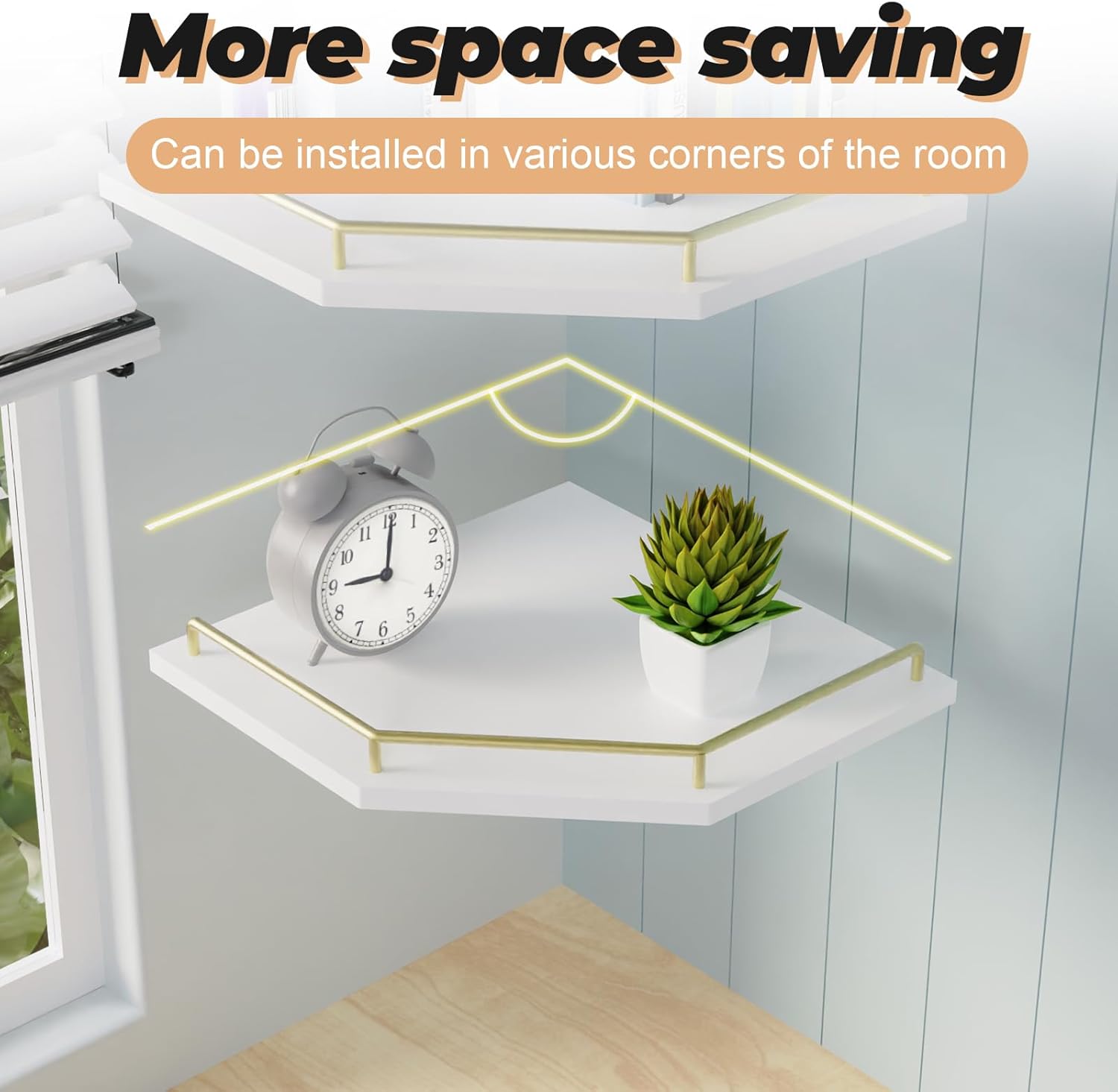 Tirzah White Wall Mount Corner Shelf with Gold Metal Guardrail