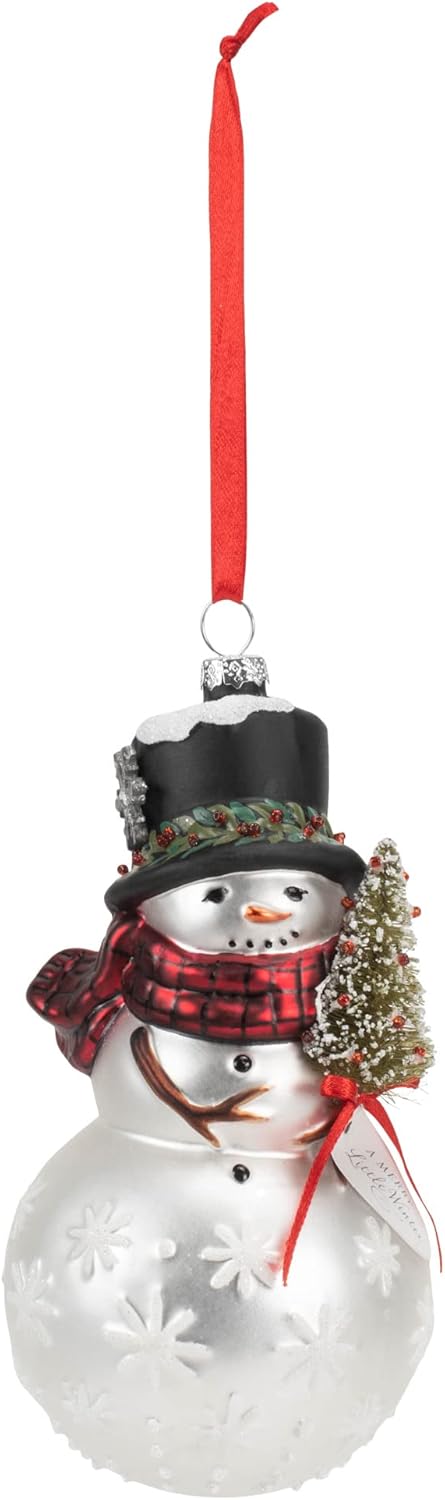 Classic White Snowman with Red Scarf Blown Glass Ornament