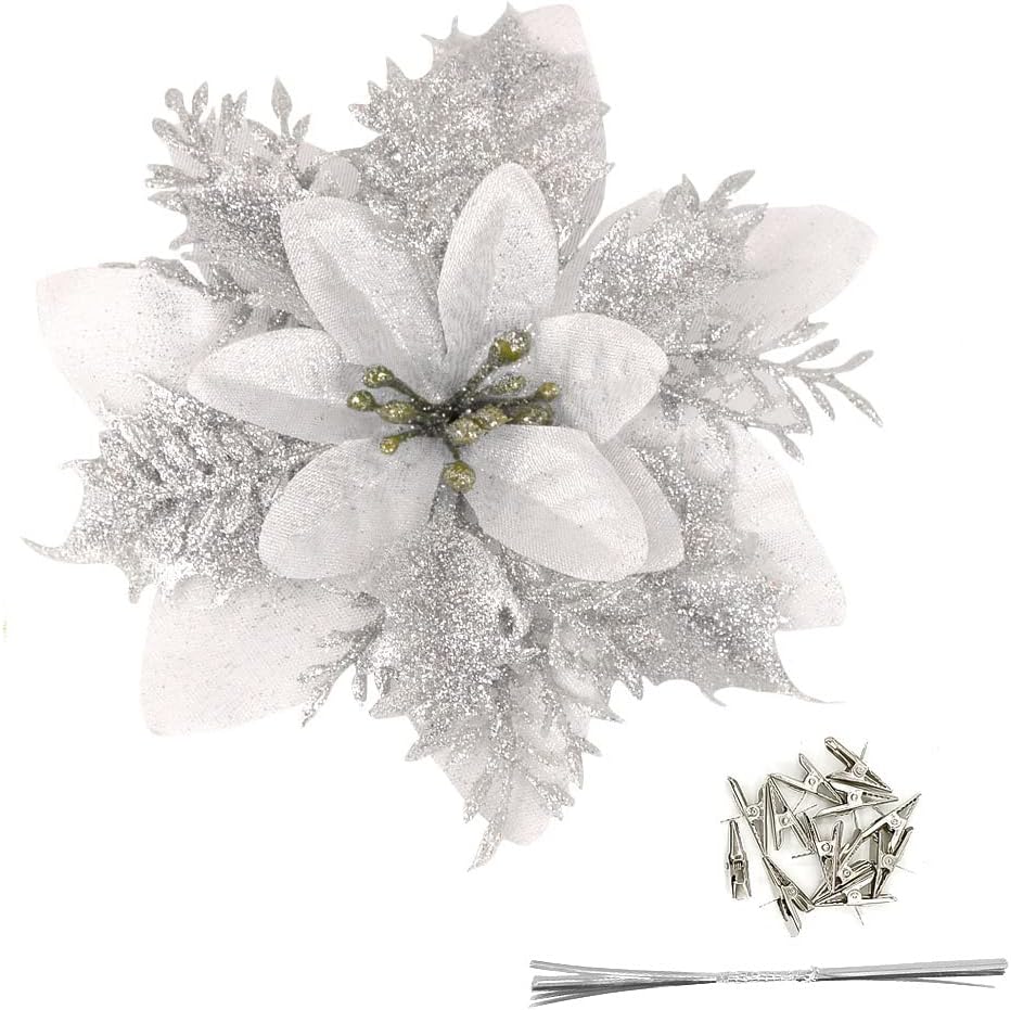 Pack of 12 Silver 5 Inch Glitter Flower Christmas Hanging Ornaments