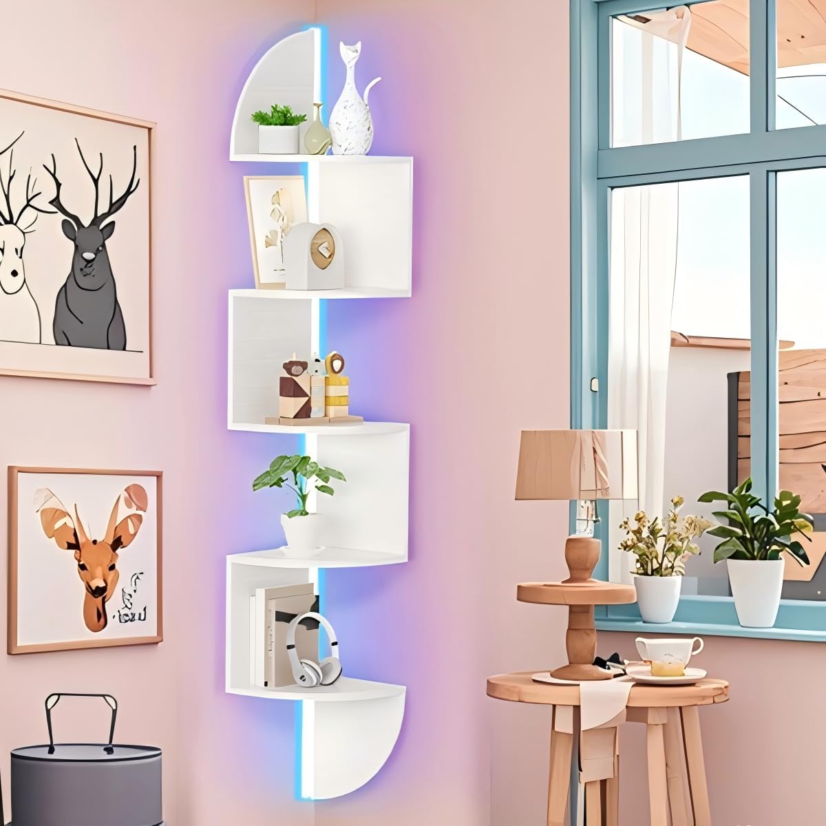 5-Tier Floating Corner Bookshelf with LED Light White