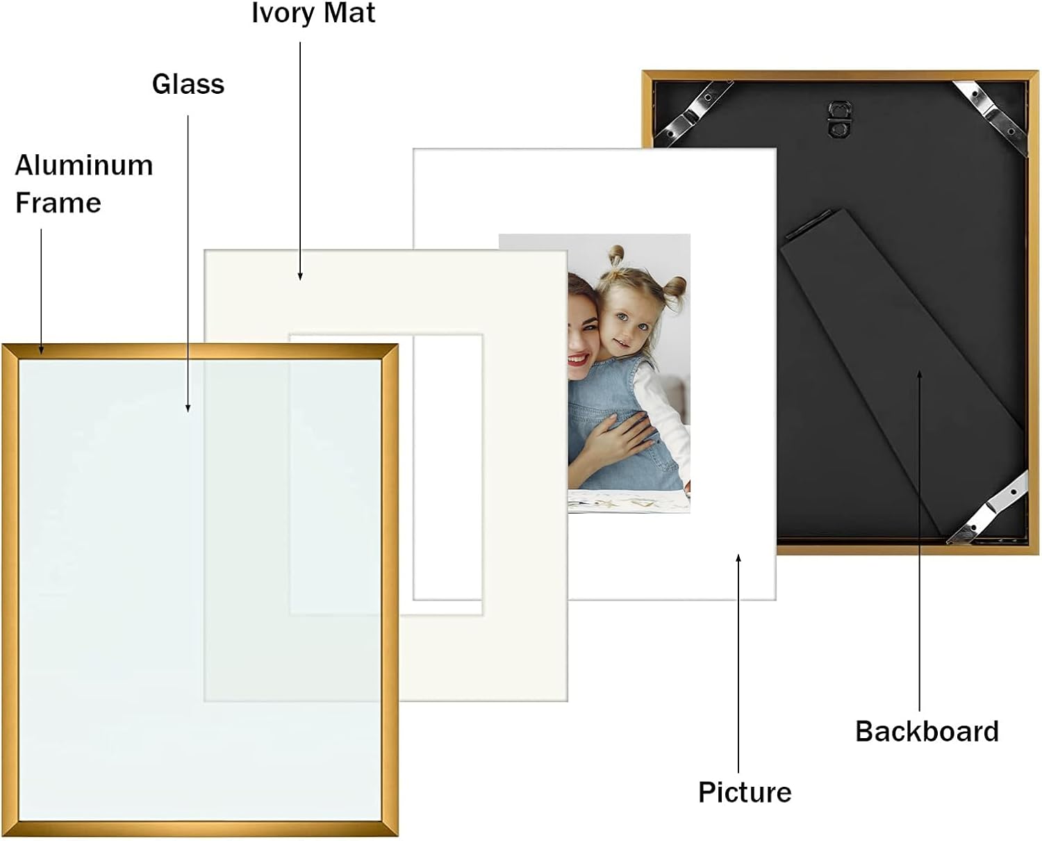 Golden State Art 8x10 Aluminum Frame with Real Glass and Ivory Mat