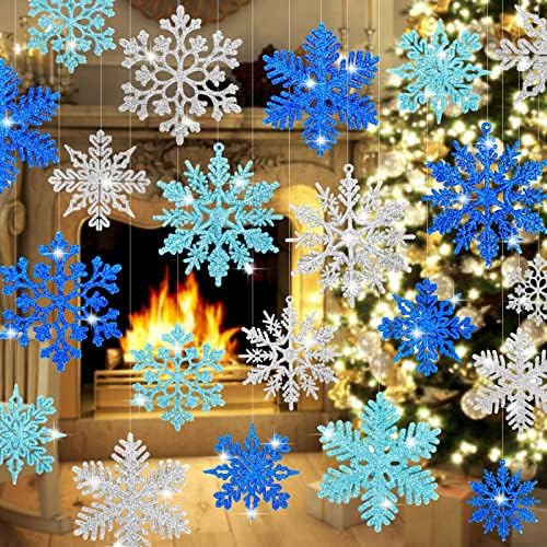 Whaline 48Pcs Glitter Snowflake Hanging Christmas Decor