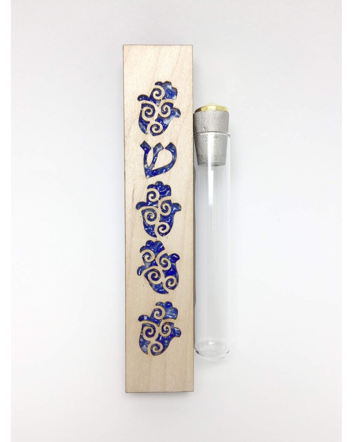 Handmade Hamsa Maple Wood Blue Fused Glass Wedding Mezuzah