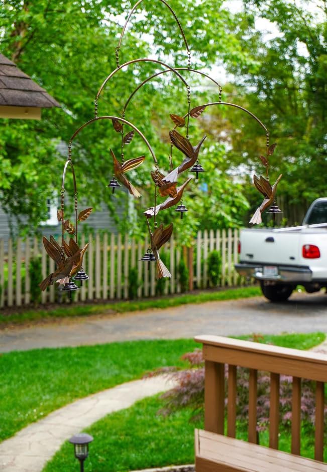Metal Hummingbird Garden Mobile with Bells - Handcrafted Wind Chime Decor