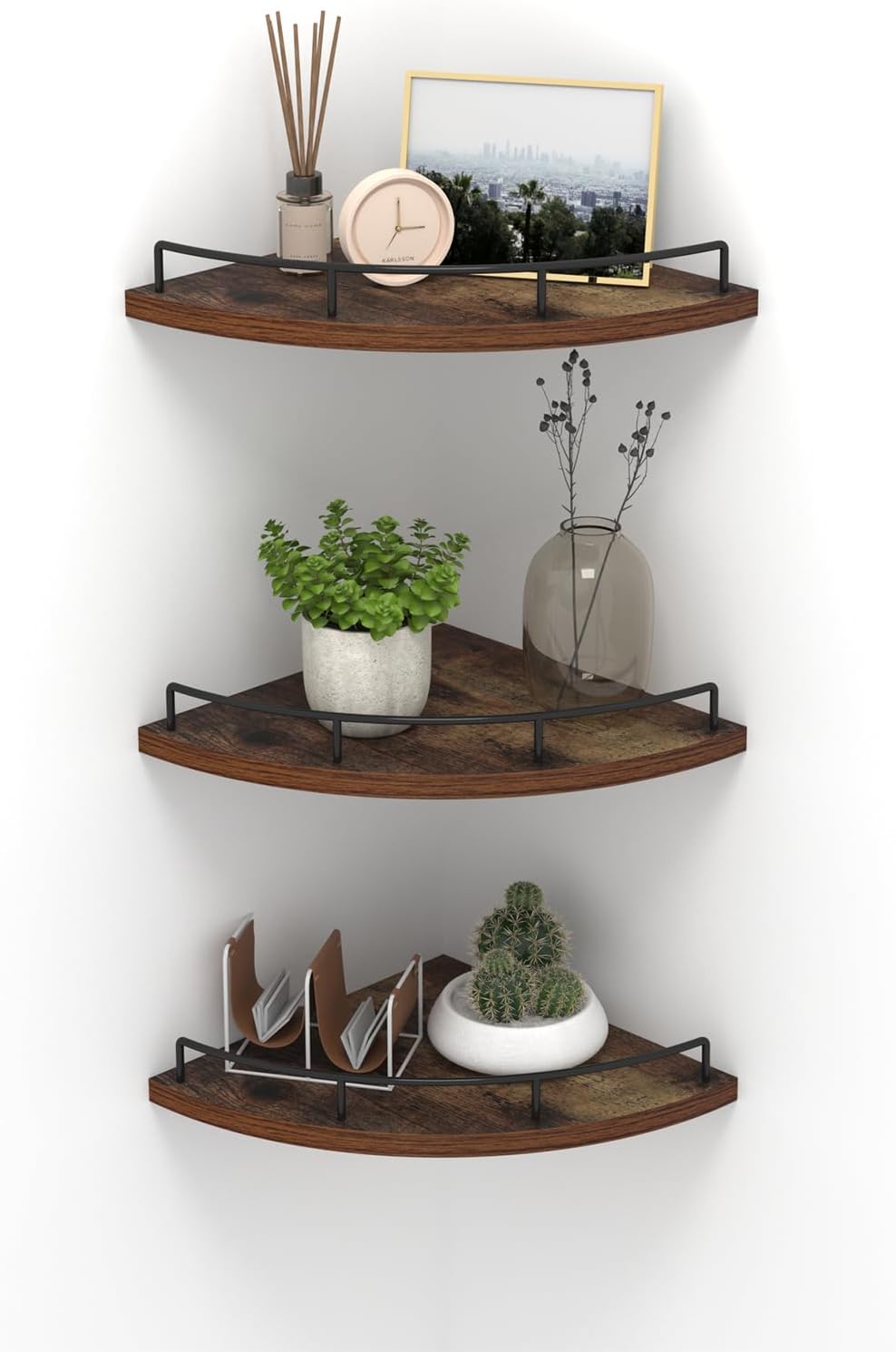 HORLIMER 3-Pack Brown Floating Corner Shelf Set
