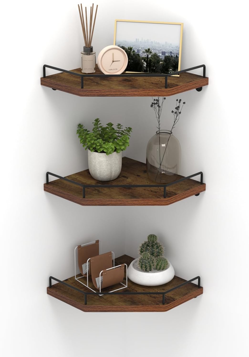 HORLIMER 3 Pack Floating Corner Shelves Wall Mount Brown