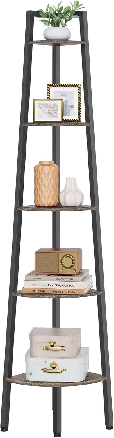 Hoctieon 5-Tier Corner Bookshelf Grey Metal Frame