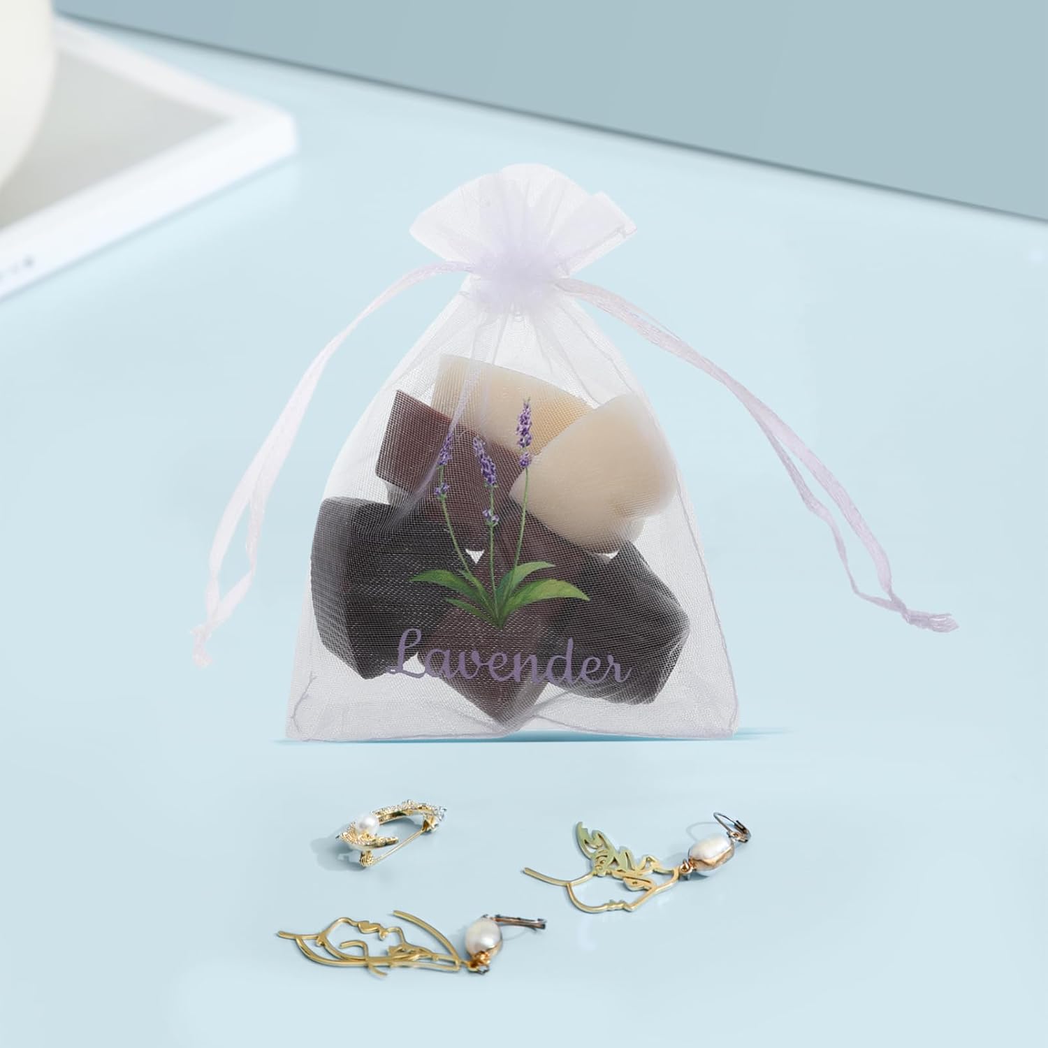 Amosfun 20pcs Organza Lavender Sachets Bags Drawstring Closure Spacious Storage