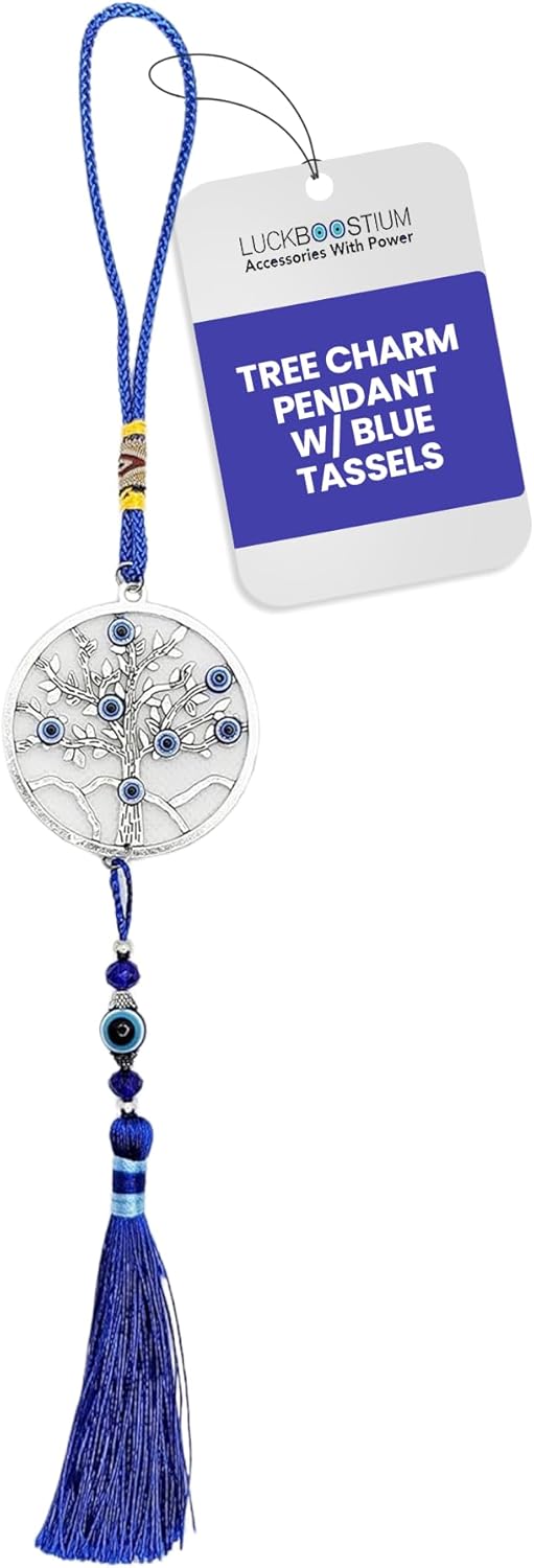 LUCKBOOSTIUM Evil Eye Tree Charm Pendant with Blue Tassels