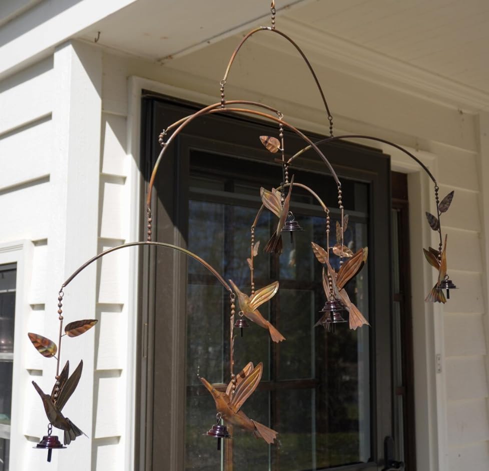 Metal Hummingbird Garden Mobile with Bells - Handcrafted Wind Chime Decor