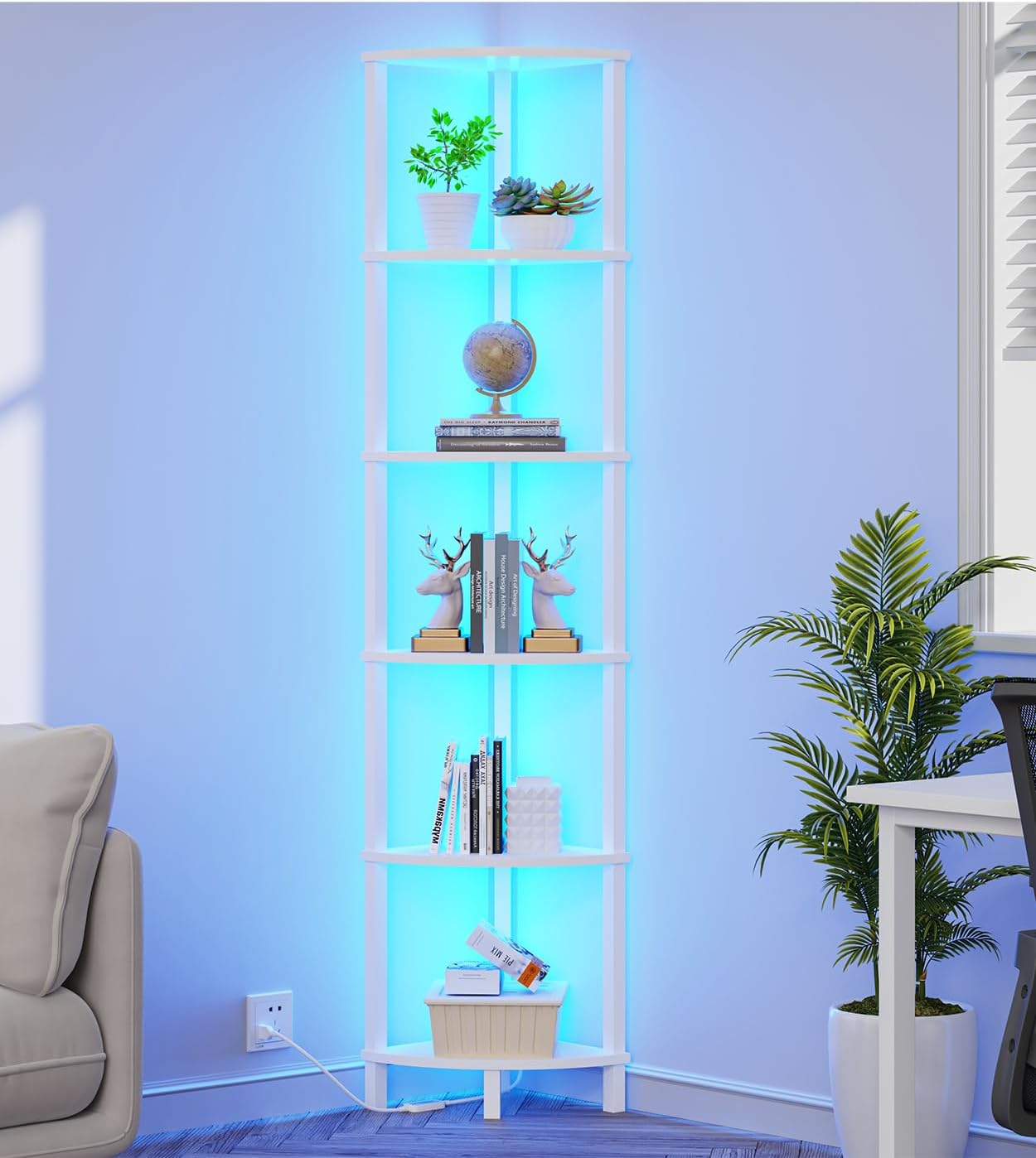 VIMBER 6-Tier Corner Bookshelf with LED Light
