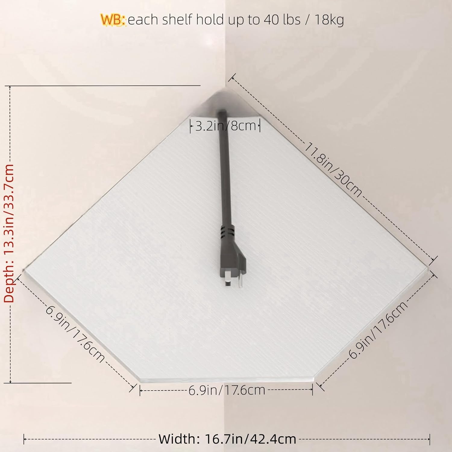 JJL Corner Shelf Wall Mounted 2 Tier 133 Inch Deep