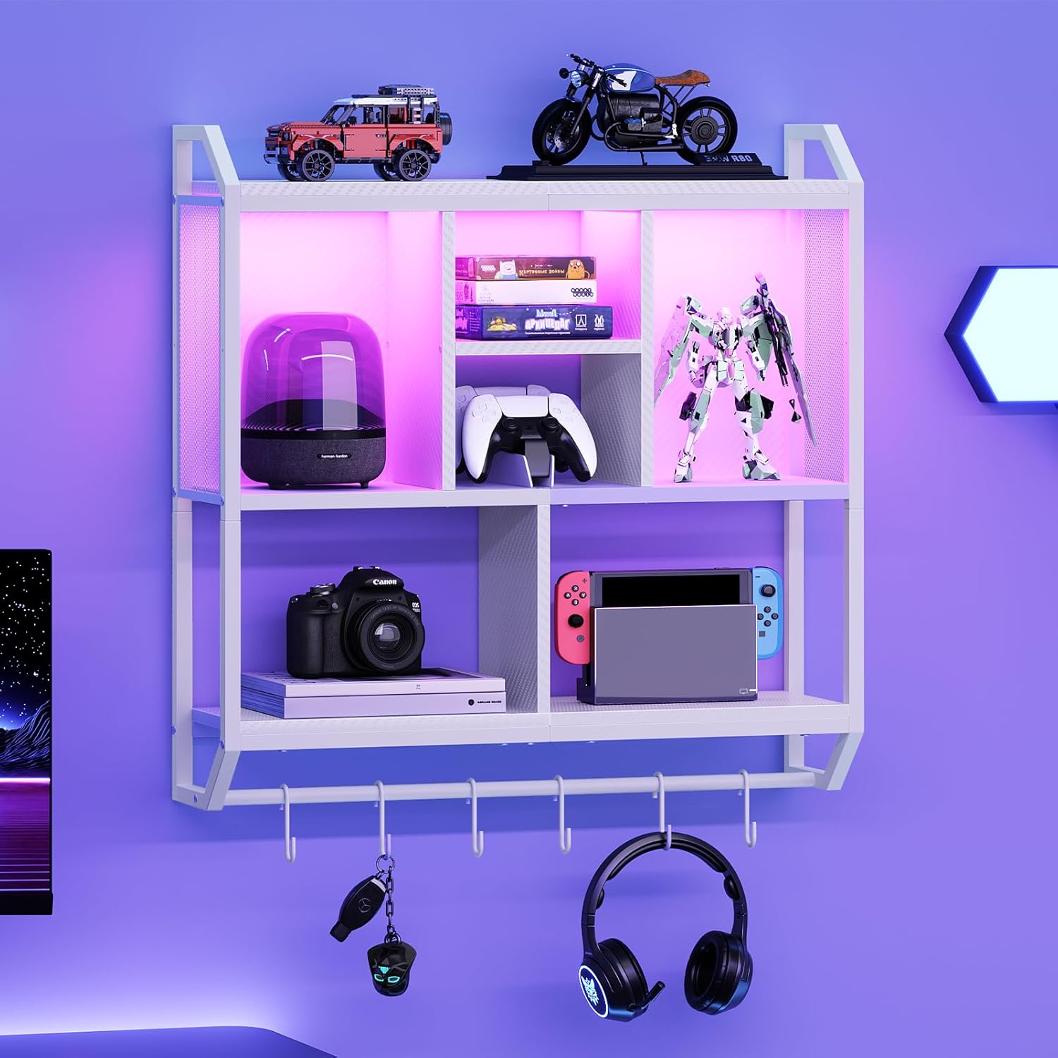 HOOBRO LED Gaming Floating Shelf with 3 Tiers and Hanging Rod
