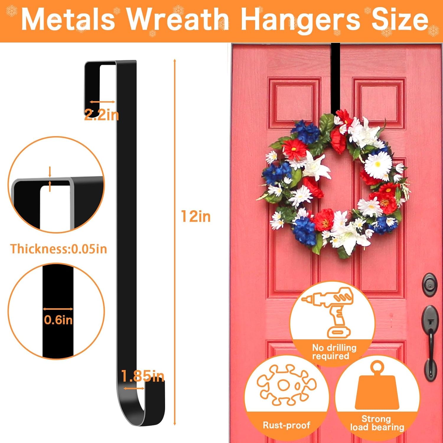 12 Inch Wreath Hangers Black Door Hooks 2 Pack