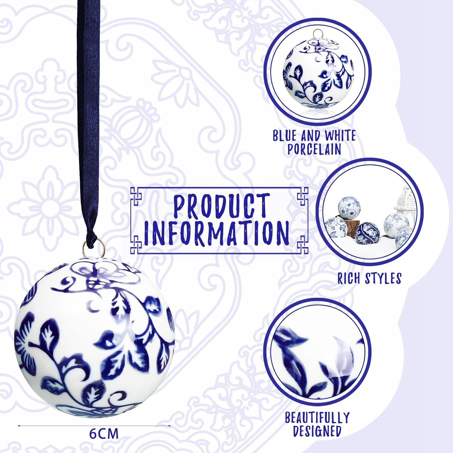 Cindeer 6 Pcs Blue and White Porcelain Christmas Balls