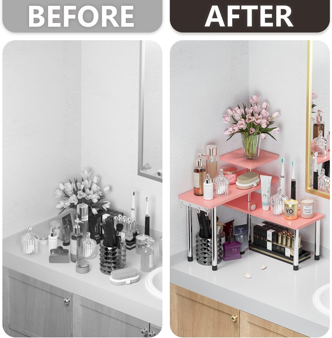 ZHWS 3-Tier Bamboo Corner Shelf Pink