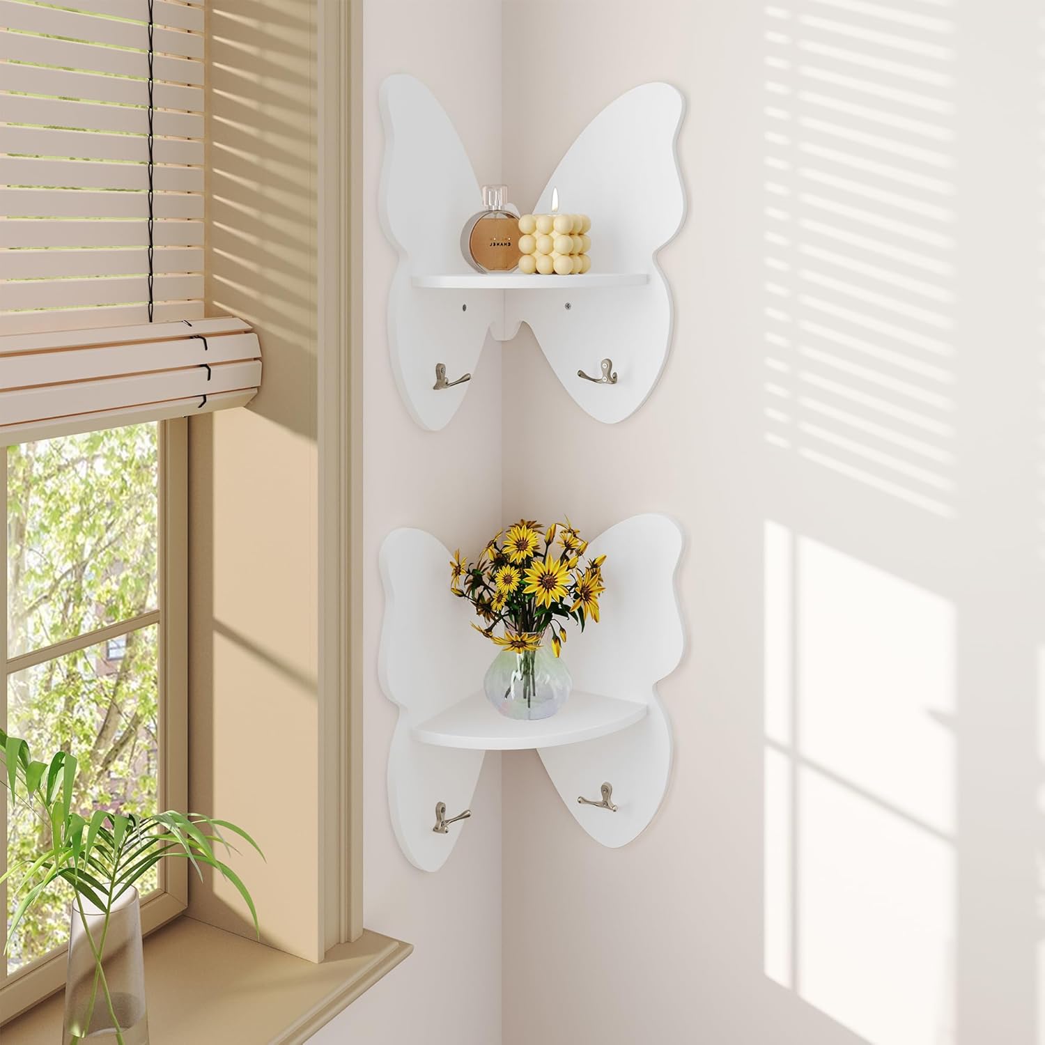 Curipeer 2 Pack Butterfly Corner Floating Shelves with Hooks White