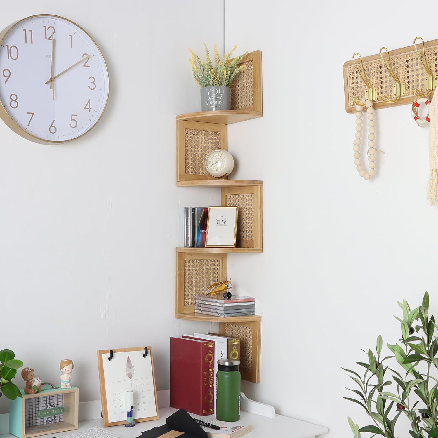 Bamboo 4-Tier Floating Corner Shelf Natural Rattan Wall Mount