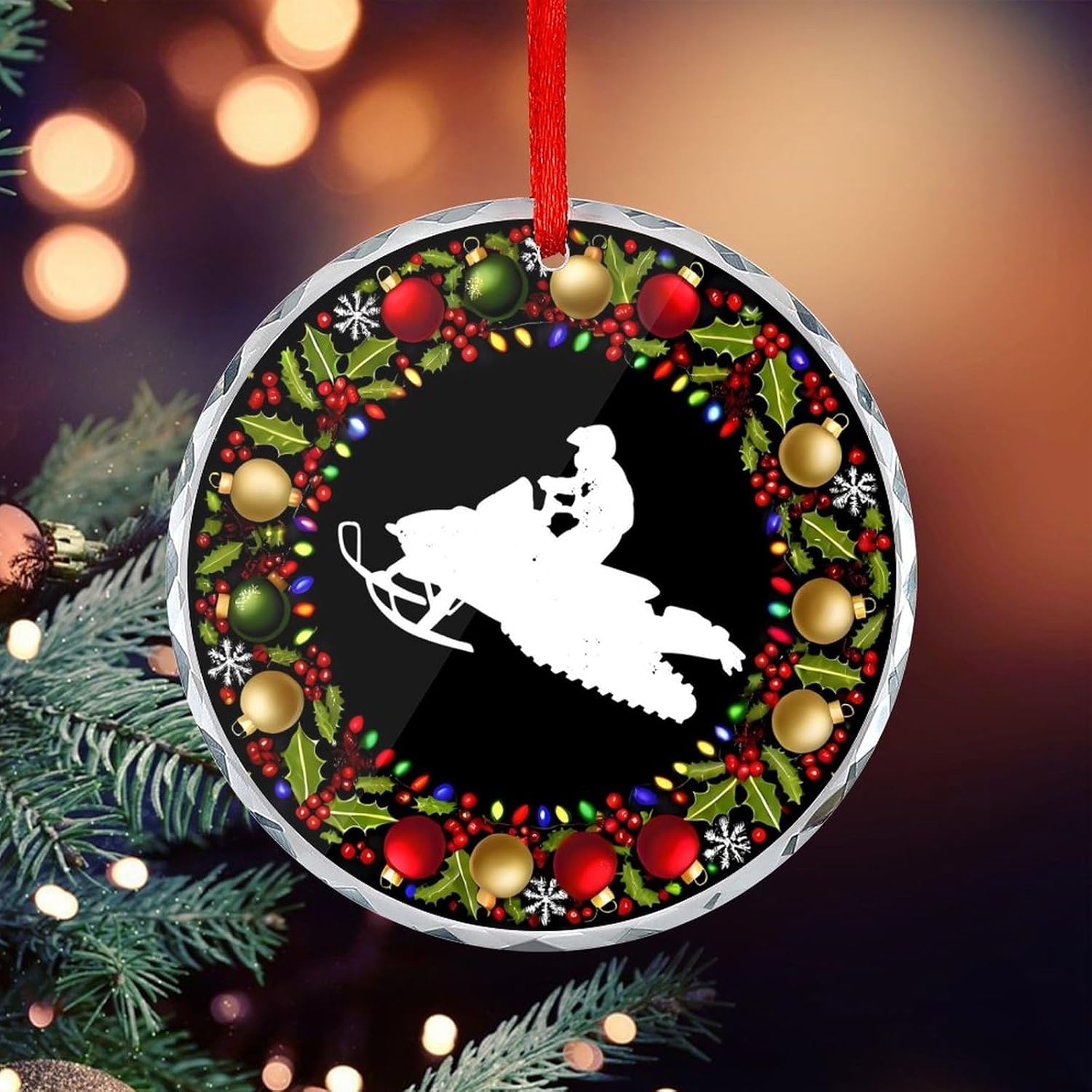 Snowmobile Christmas Glass Pendant 31 Inch