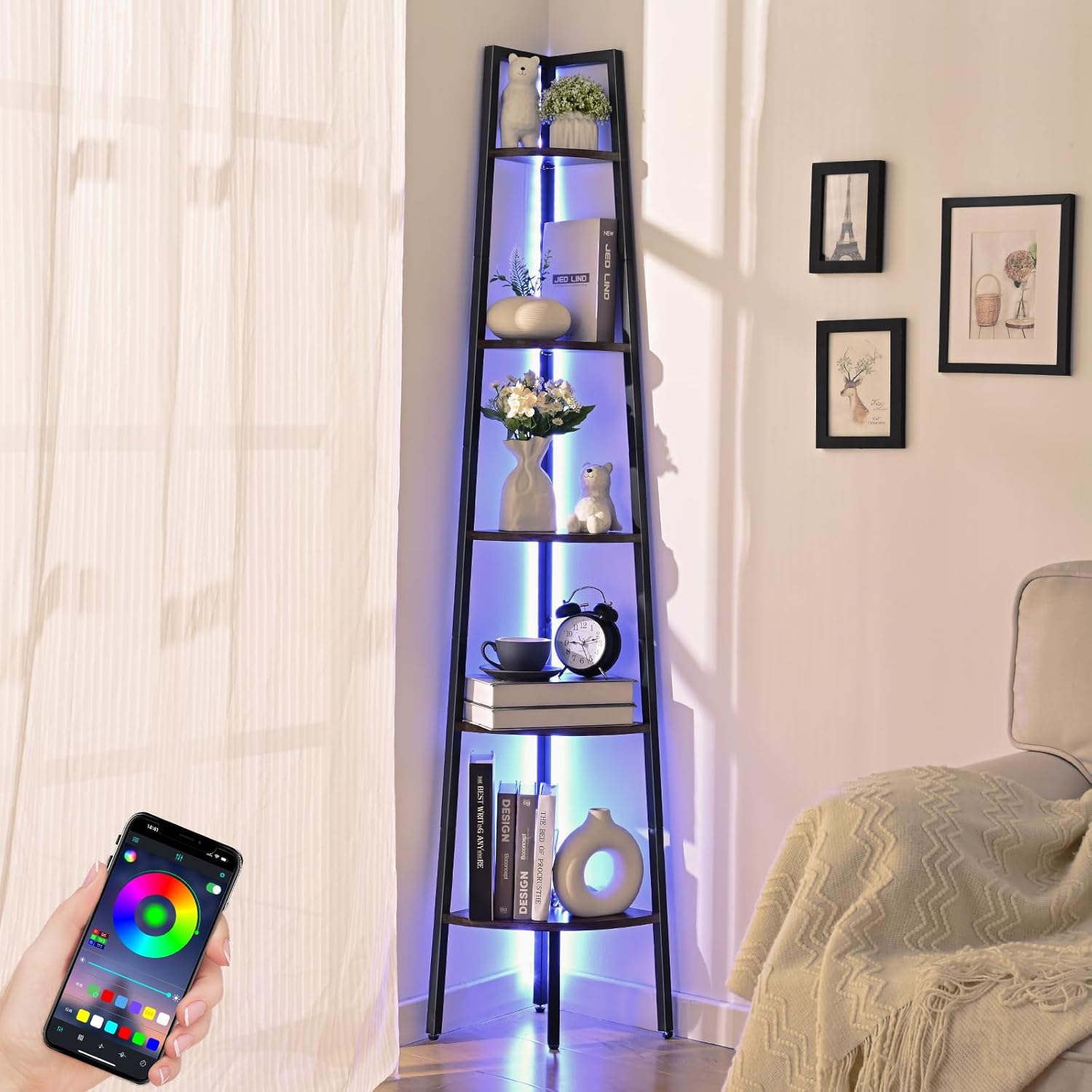 Waipfaru 5-Tier Corner Bookshelf with LED Light