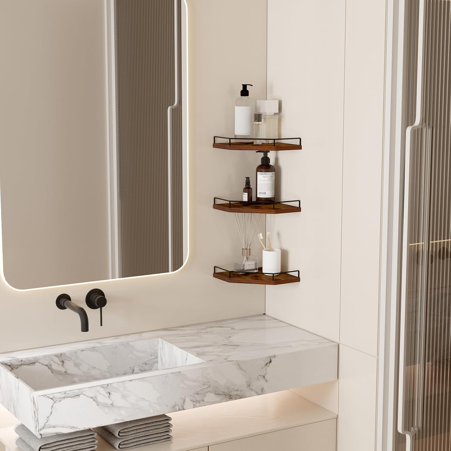 HORLIMER 3 Pack Floating Corner Shelves Wall Mount Brown