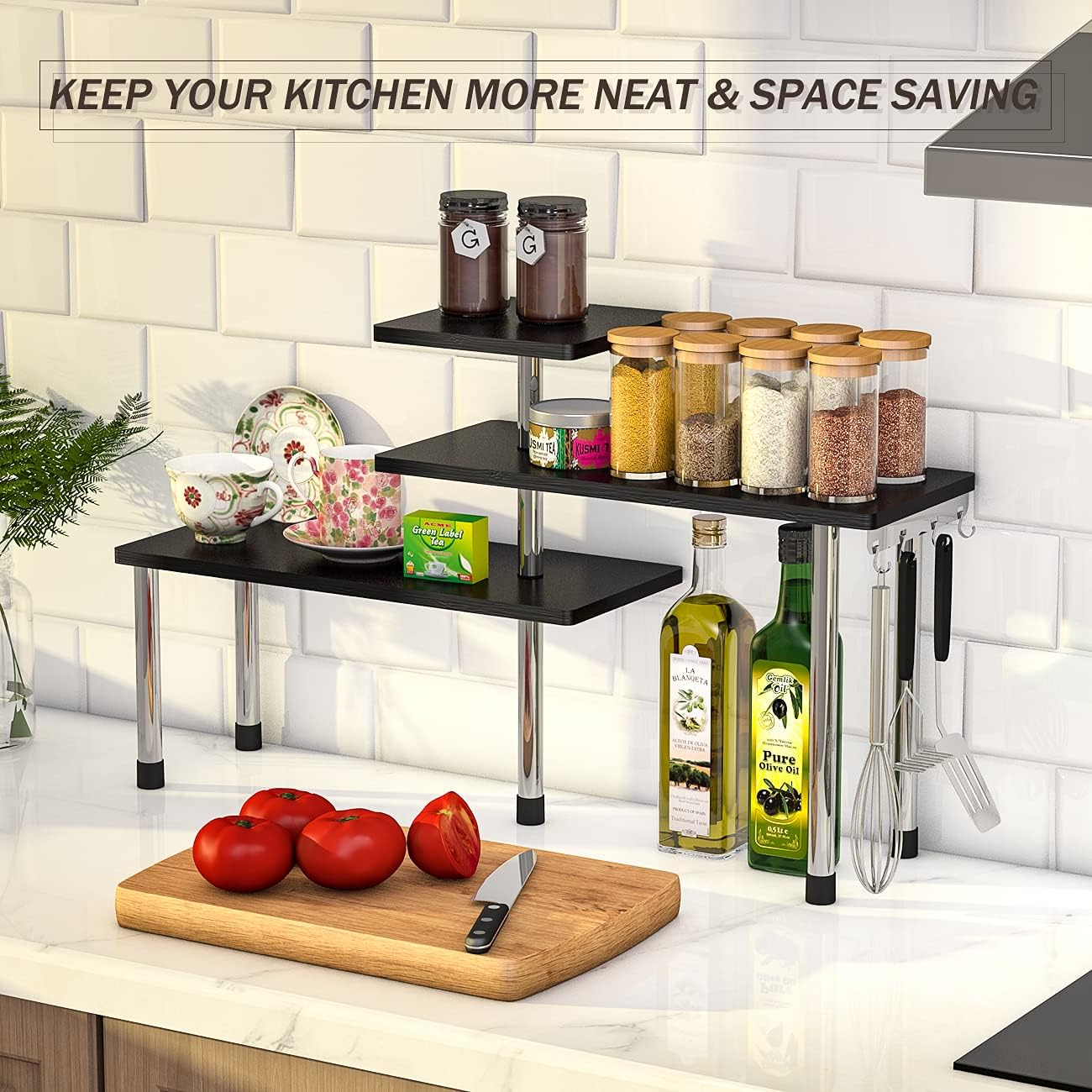 ZHWS Corner Shelf Organizer - 3 Tier Bamboo Black