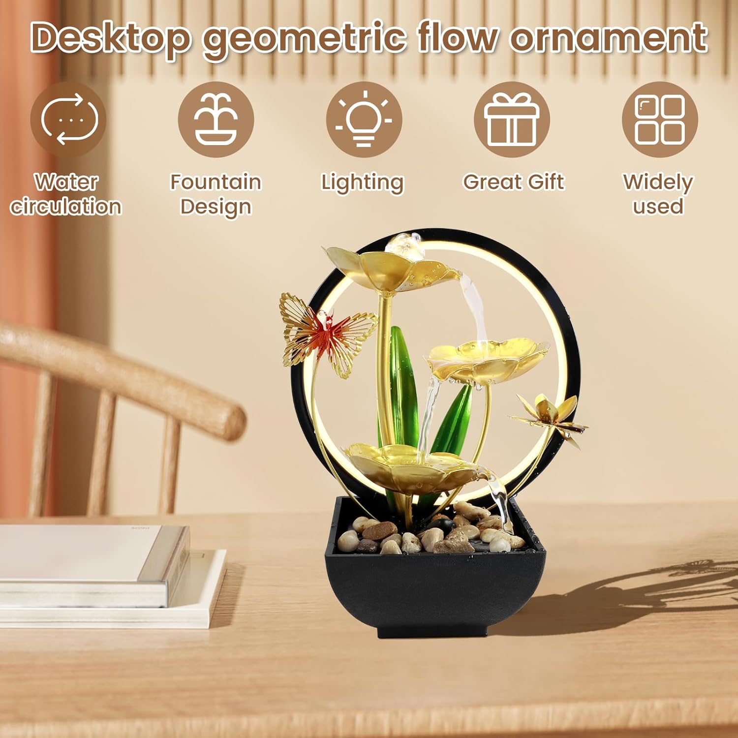 USB Powered Tabletop Fountain with LED Light and Natural Rocks