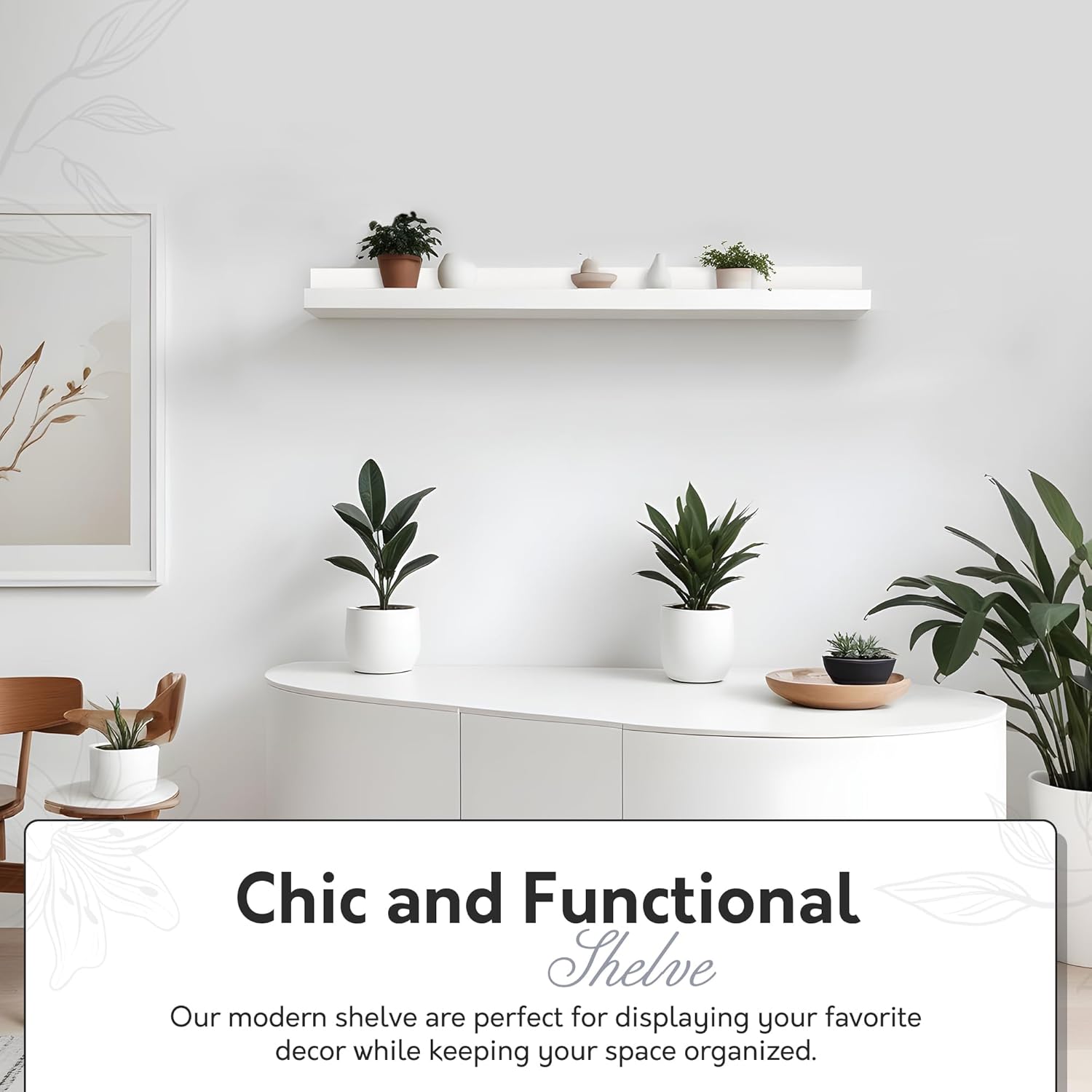 InPlace Durable Shelf with Picture Ledge - White Floating Wall Mount