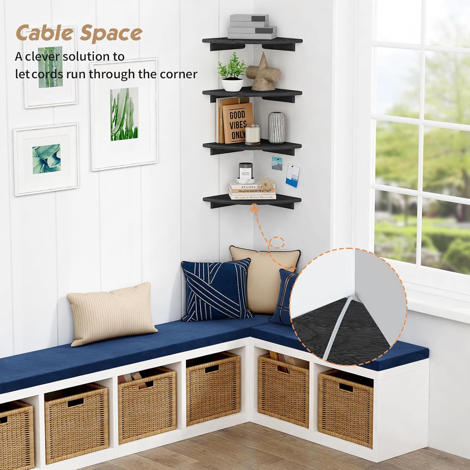 Forbena Black Floating Corner Bookshelf Set of 4