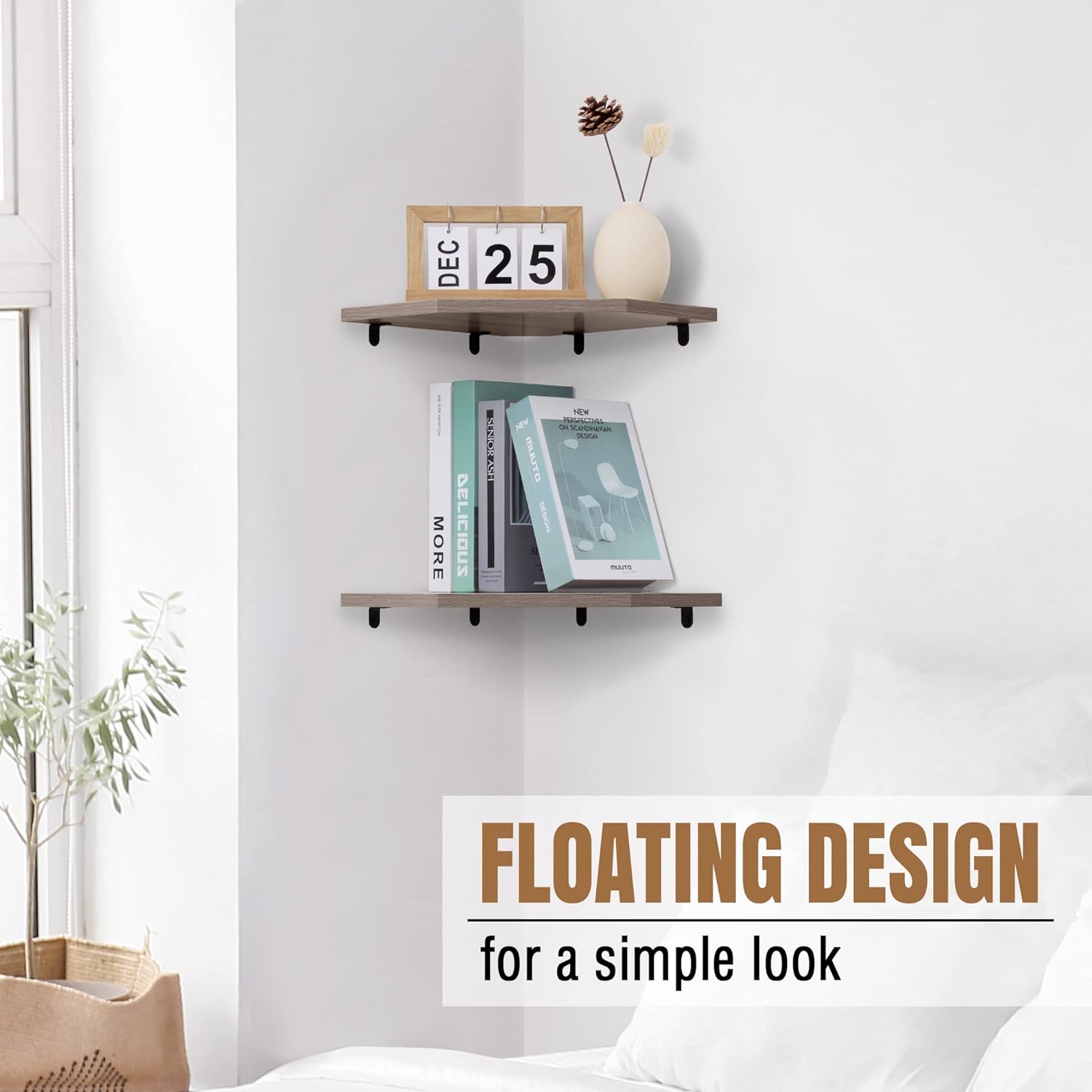 Set of 2 Rustic Grey Corner Wall Shelves