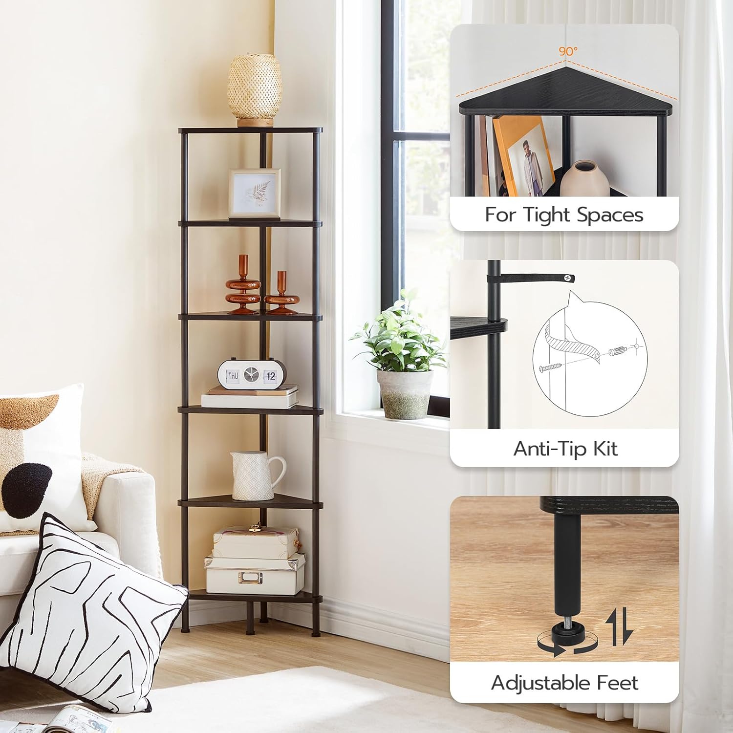 HOOBRO 6-Tier Corner Bookshelf with Metal Frame Black BK36CJ01