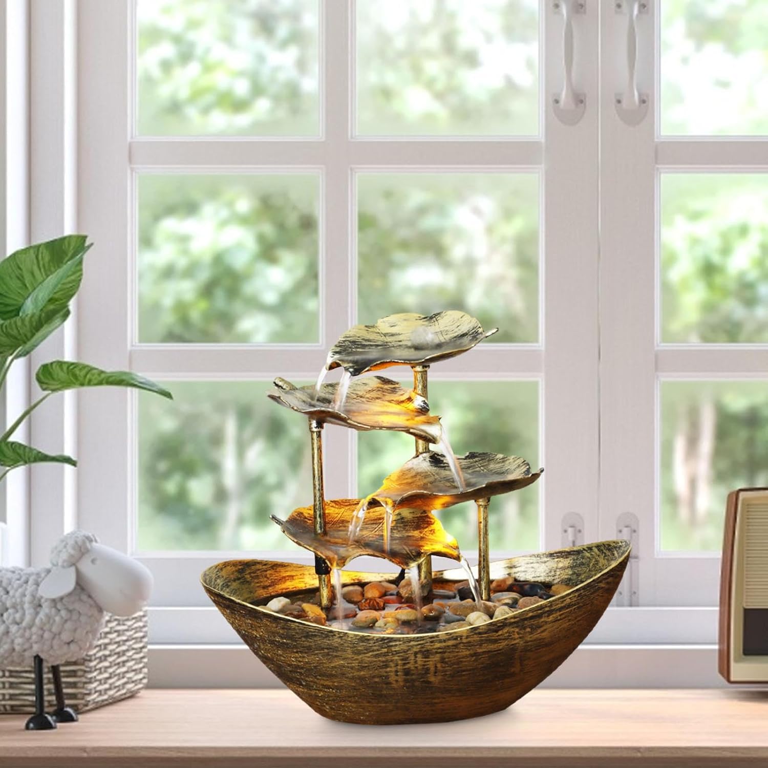 GLANSI Tabletop Water Fountain with USB LED Night Light for Bedroom