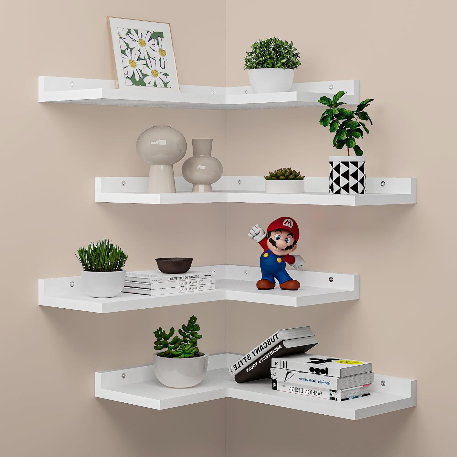 4-Tier Corner Floating Shelves - White