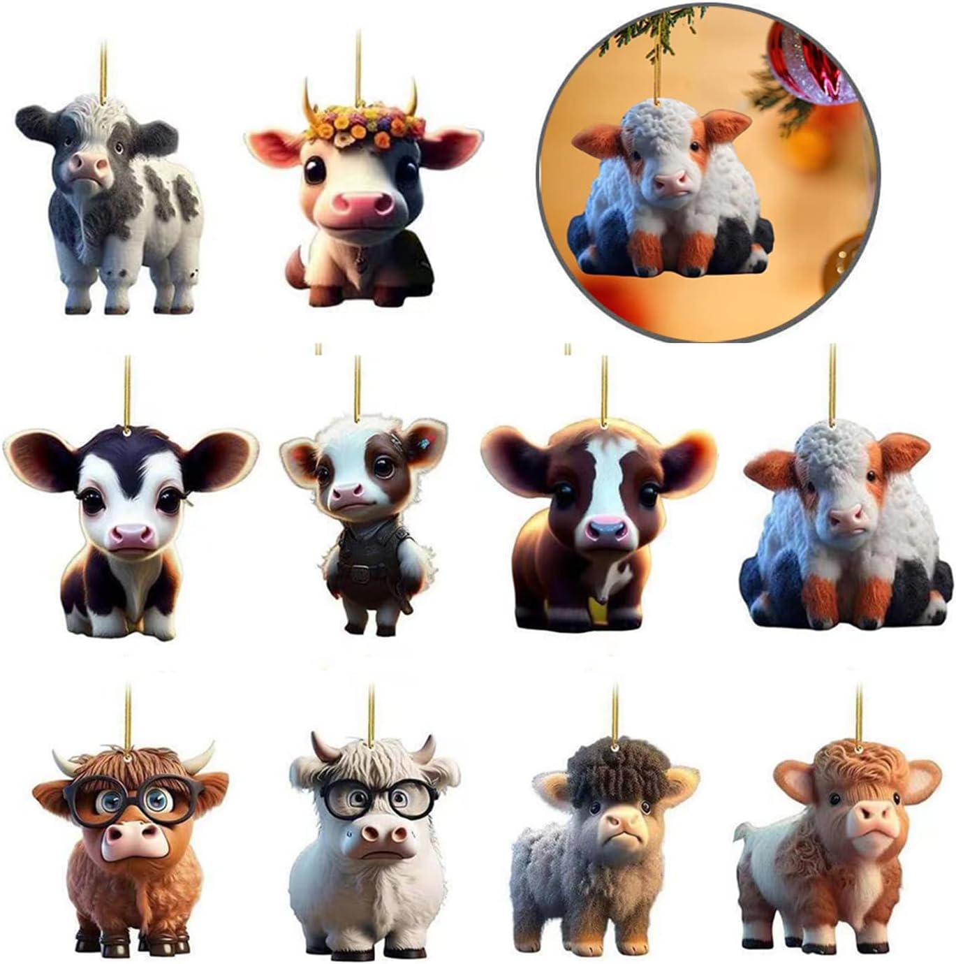 10 pcs Cute Cartoon Cow Hanging Ornament DIY Christmas Decor
