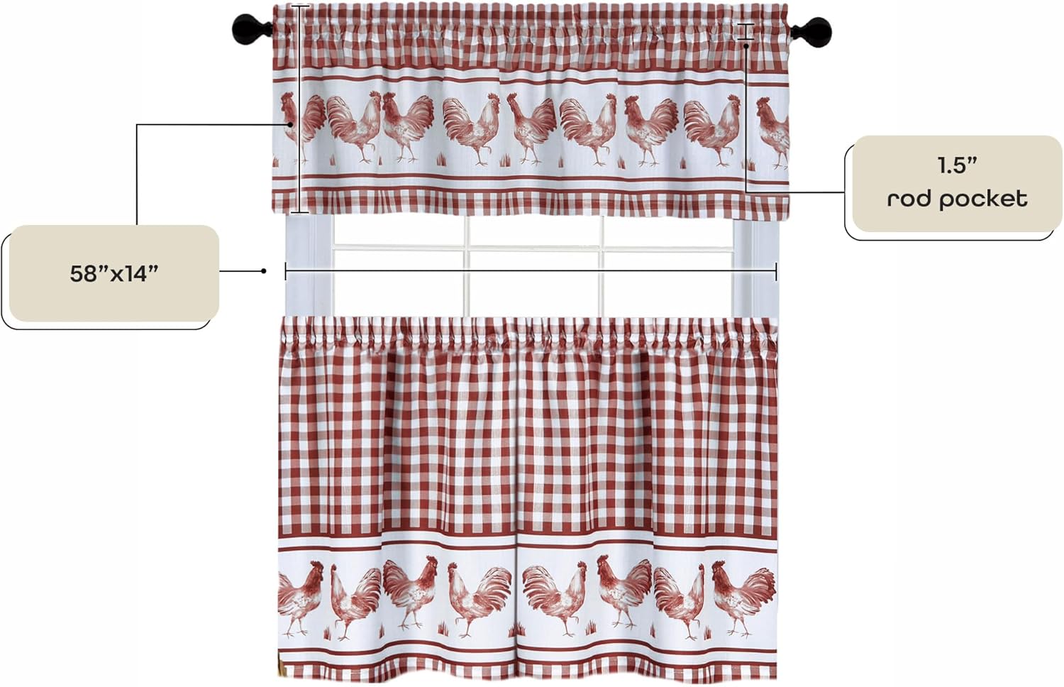 ACHIM Barnyard Valance Curtains 58x14 Burgundy