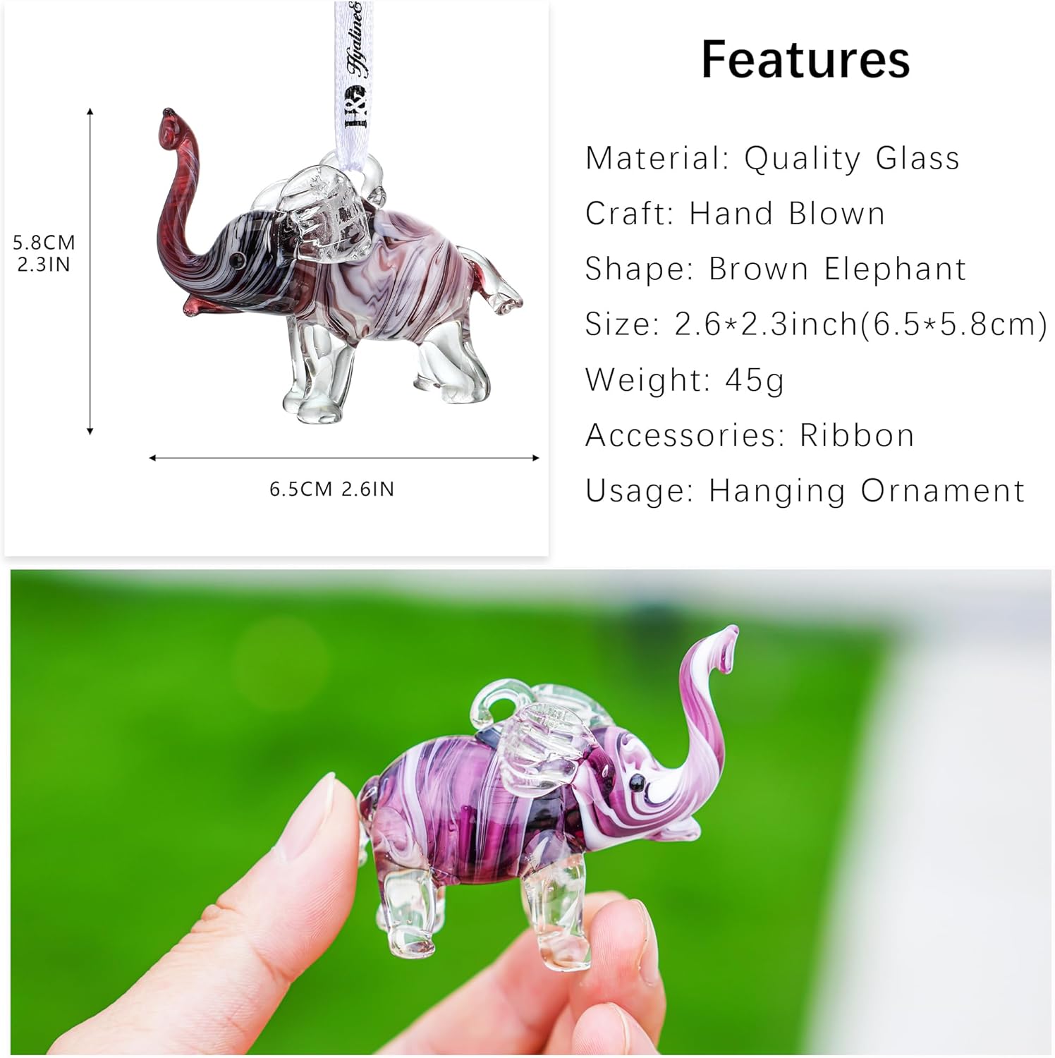 Hand Blown Glass Elephant Hanging Ornament Brown