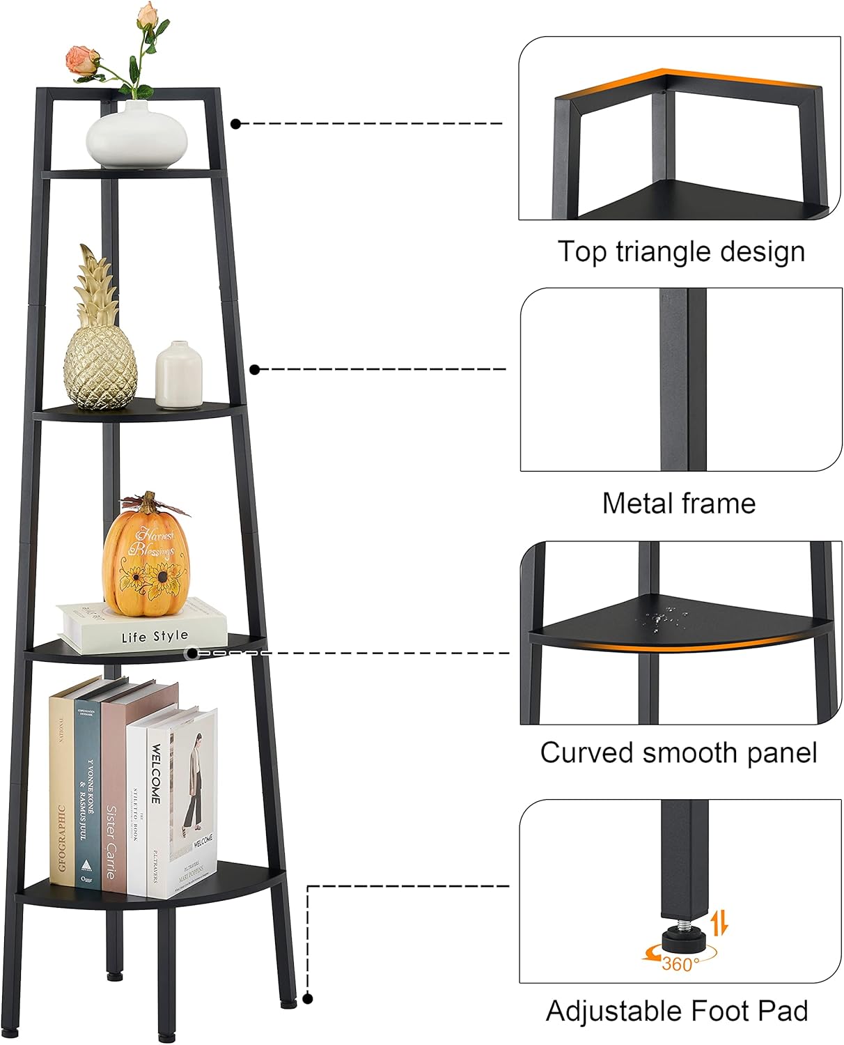 Hoctieon 4-Tier Corner Bookshelf Black Metal Frame