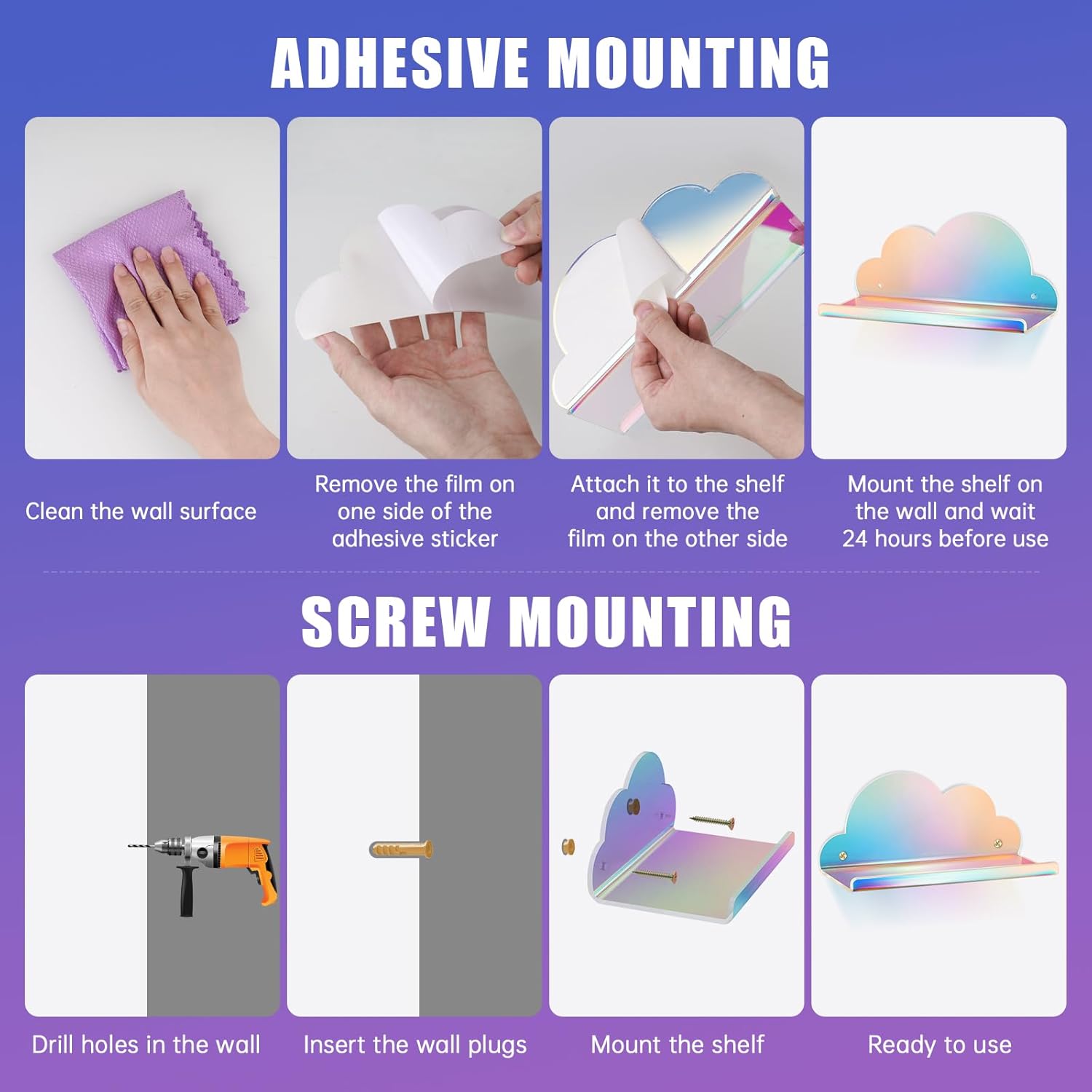 NiHome Iridescent Acrylic Floating Shelves 2 Pack
