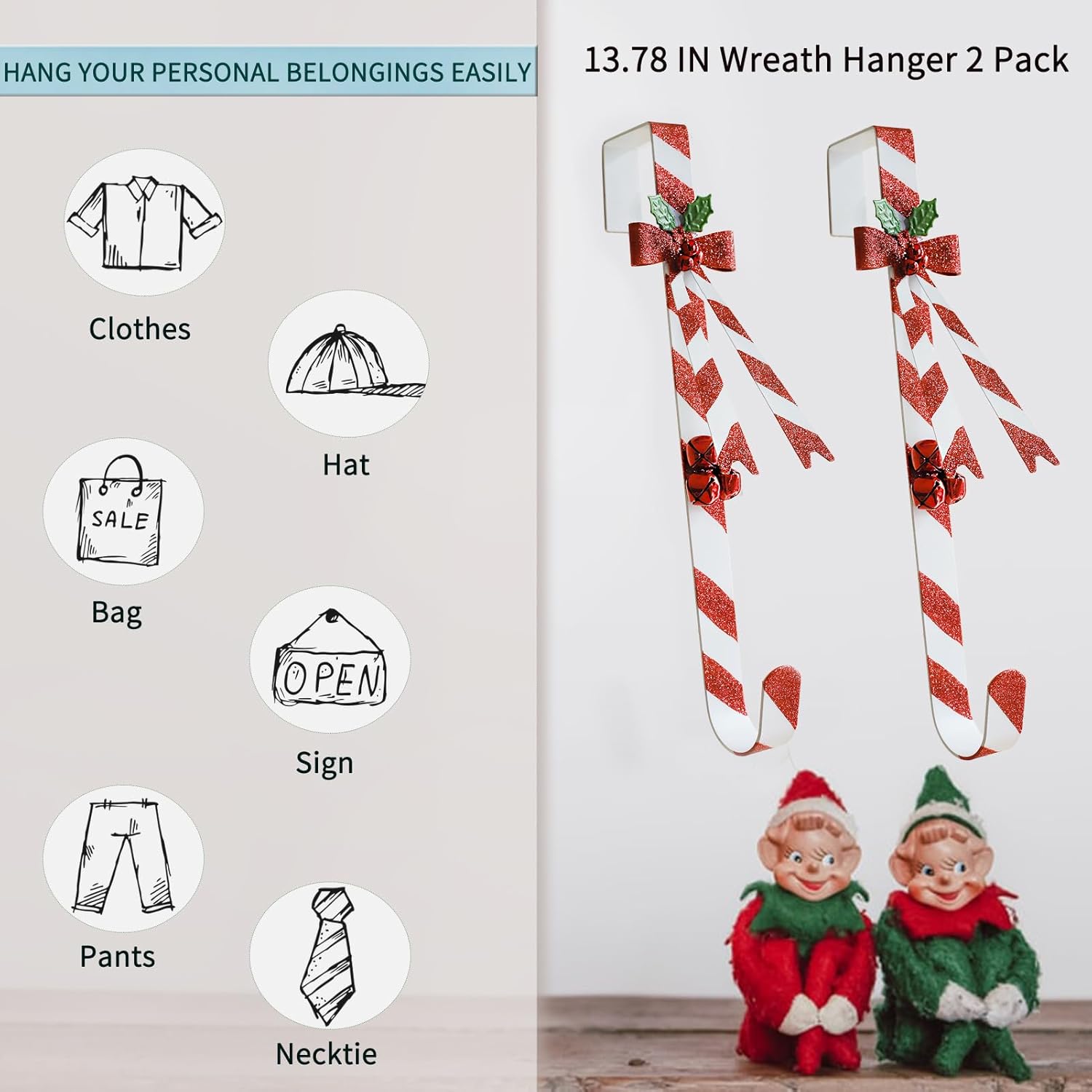 2 Pack Candy Cane Wreath Hangers for Front Door