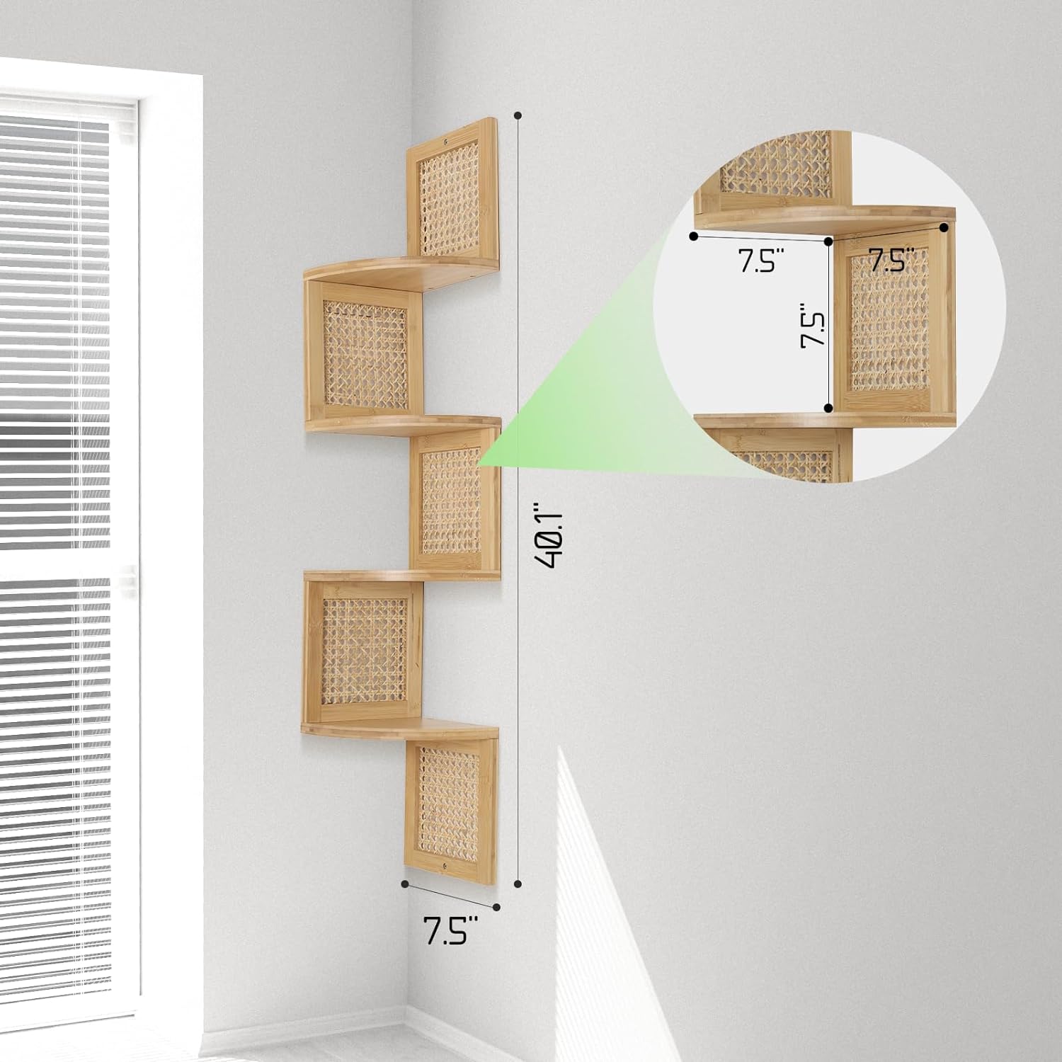 Bamboo 4-Tier Floating Corner Shelf Natural Rattan Wall Mount
