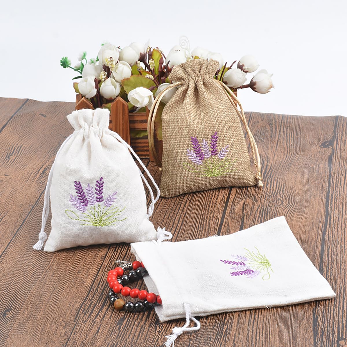 10 Pcs Lavender Pattern Burlap Drawstring Sachet Bags for Wedding DIY
