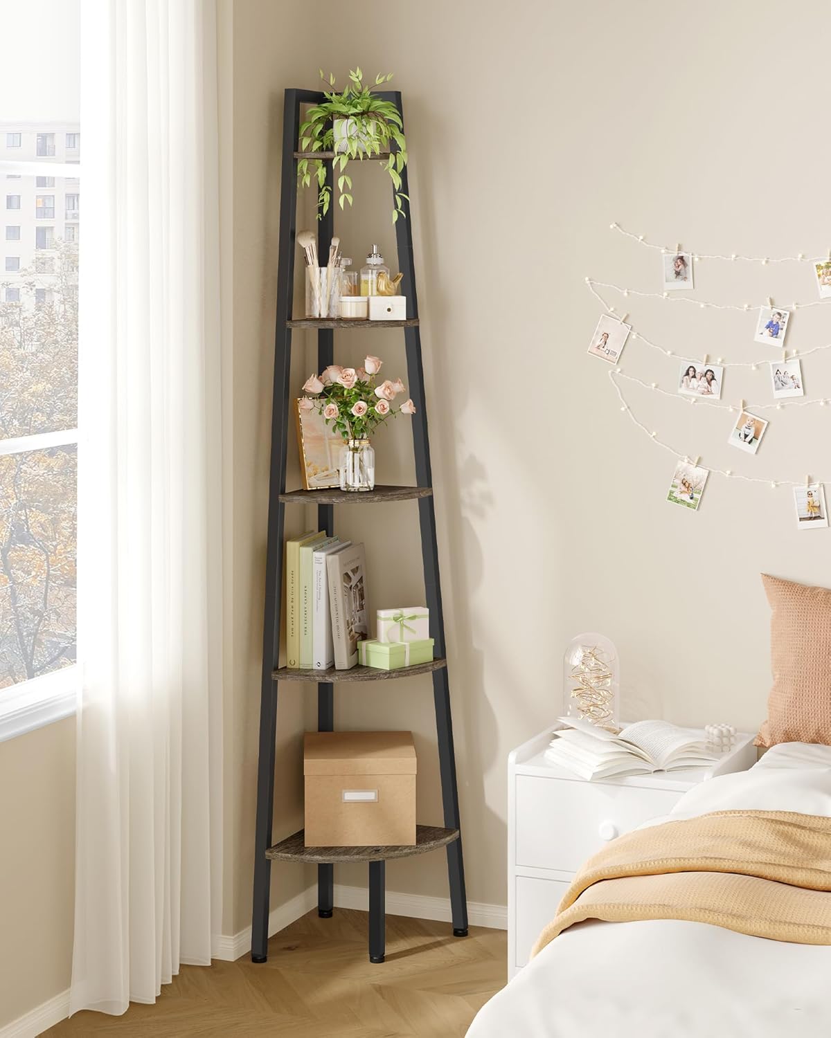 Hoctieon 5-Tier Corner Bookshelf Grey Metal Frame