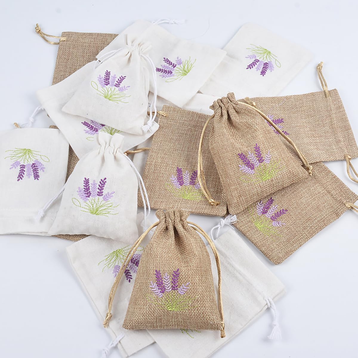 10 Pcs Lavender Pattern Burlap Drawstring Sachet Bags for Wedding DIY