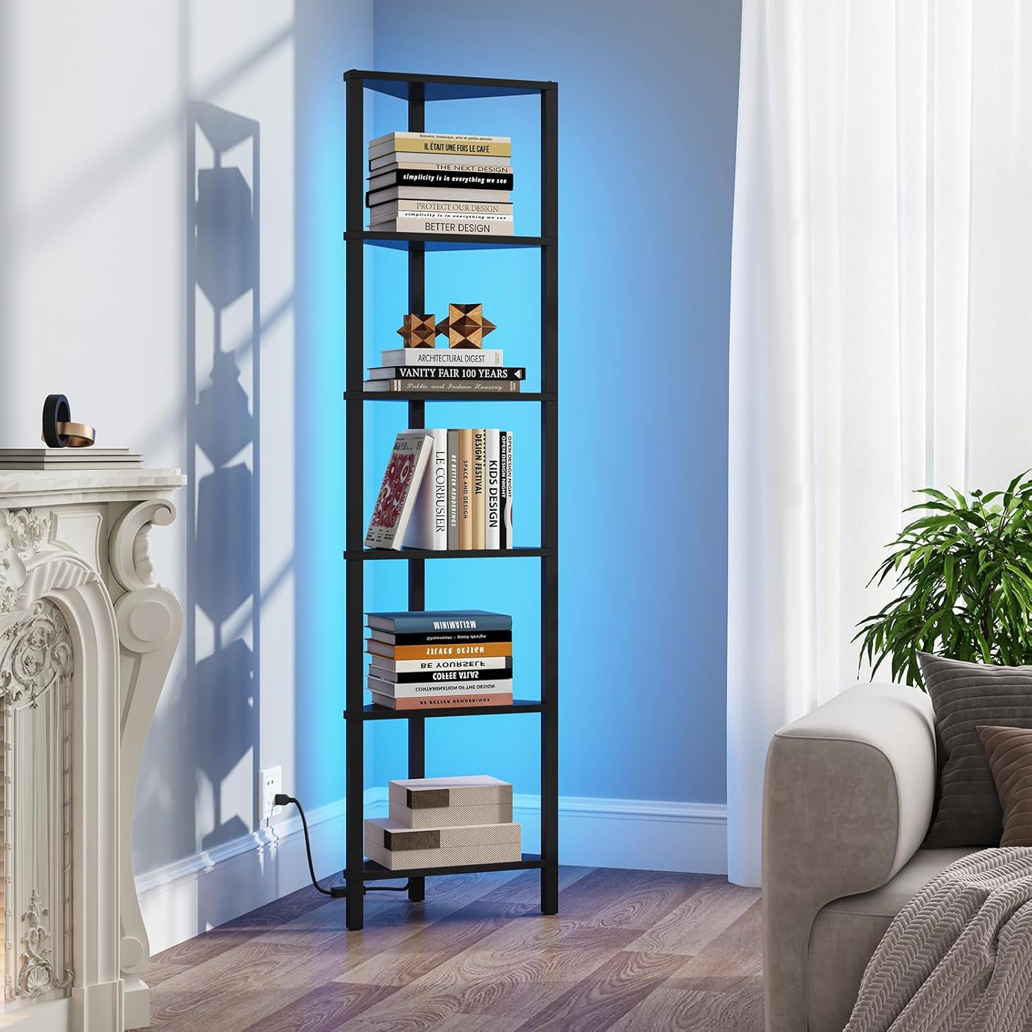 TUTOTAK Corner Shelf with LED Light 6-Tier Black BS05BK006L