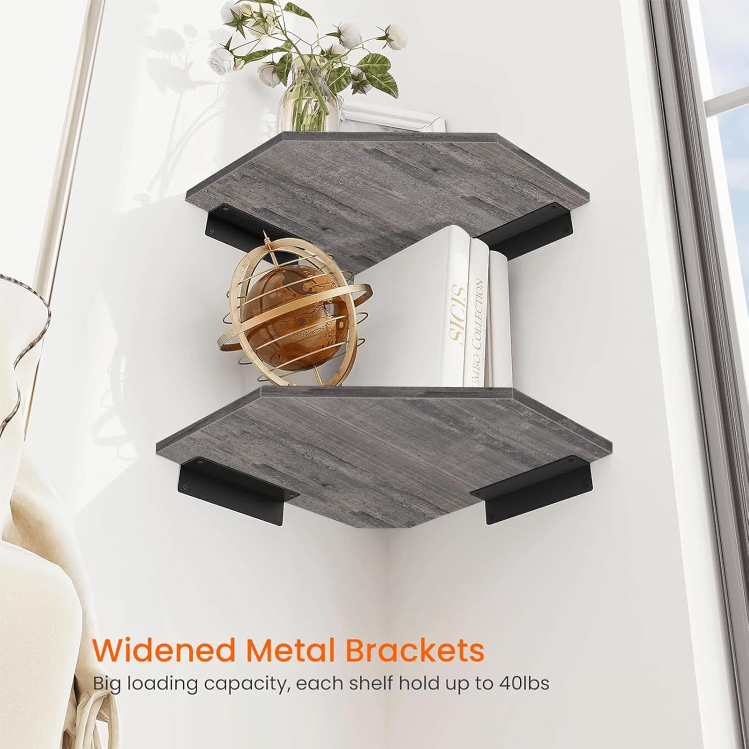 Homode Corner Shelf Wall Mount Set of 2 Rustic Grey