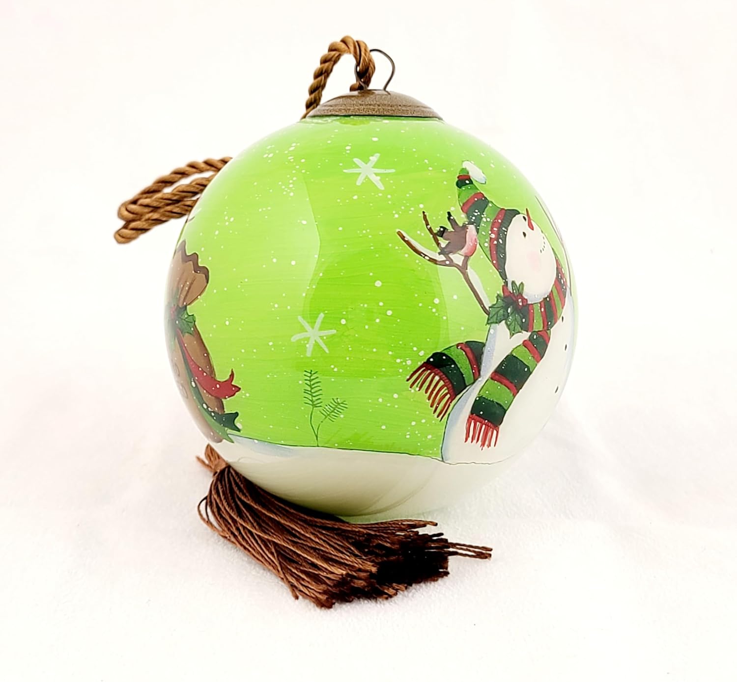 Intricate Inside-Painted Snowman Feeding Birds Glass Ornament
