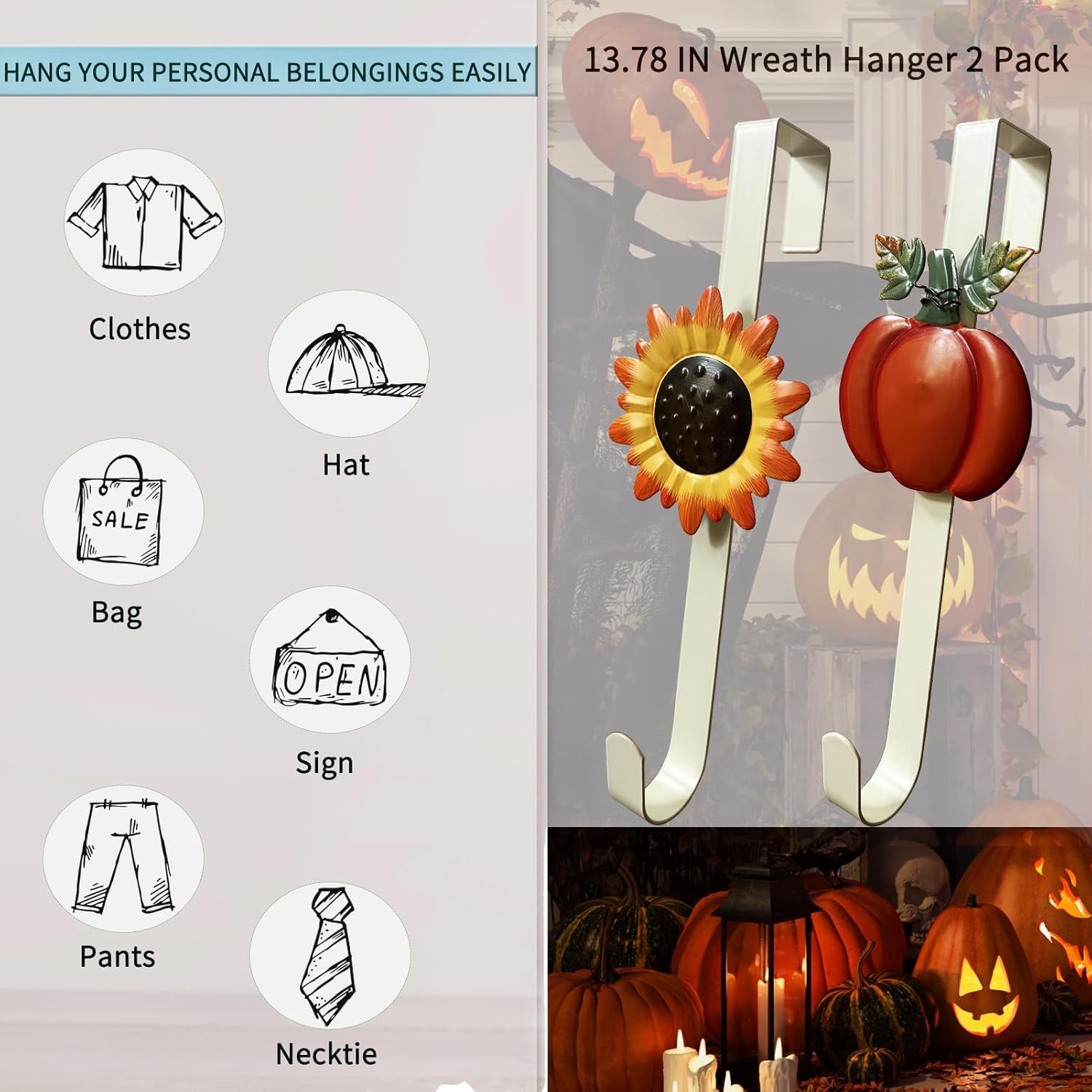 2 Pack Fall Wreath Door Hanger with Pumpkin Sunflower