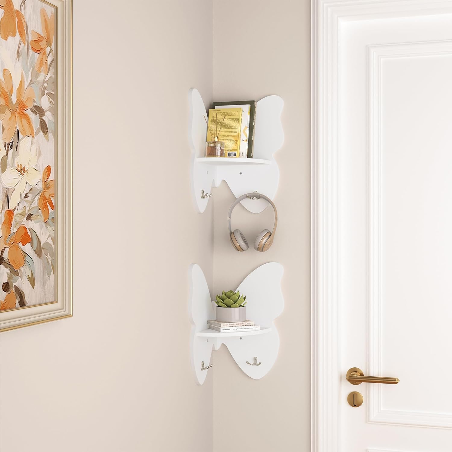 Curipeer 2 Pack Butterfly Corner Floating Shelves with Hooks White
