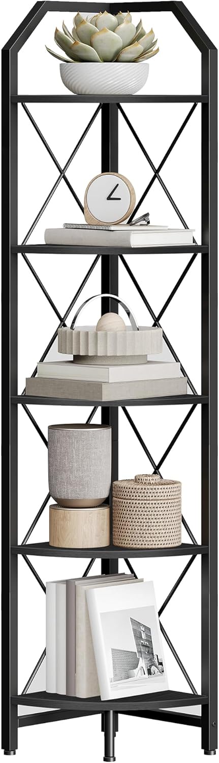 5-Tier Corner Shelf with Metal Frame Black